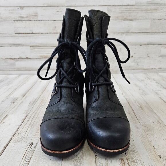 SOREL Joan Of Arctic Leather Wedge Mid Winter Ankle Boots in Black NL1987 - Picture 3 of 11